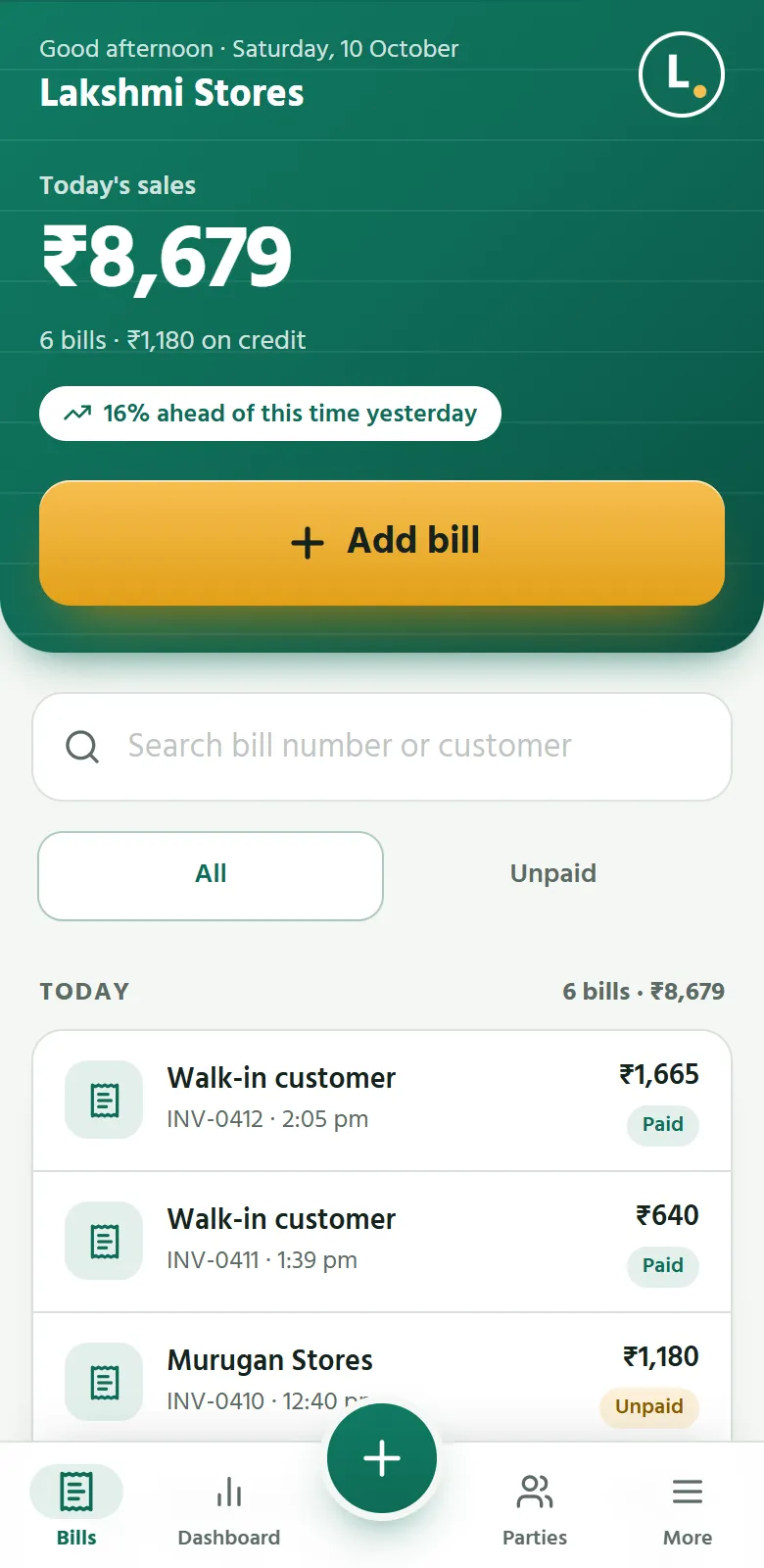 Sumify on a phone: today’s sales and the day’s bills