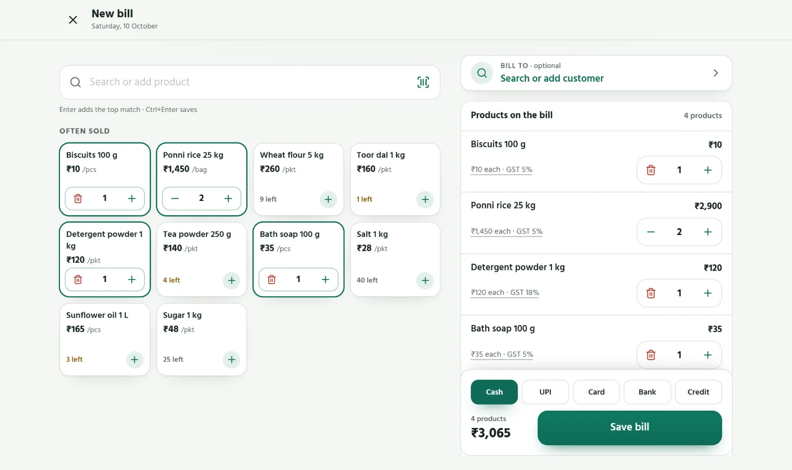 Sumify on a computer: products on the left, the bill on the right