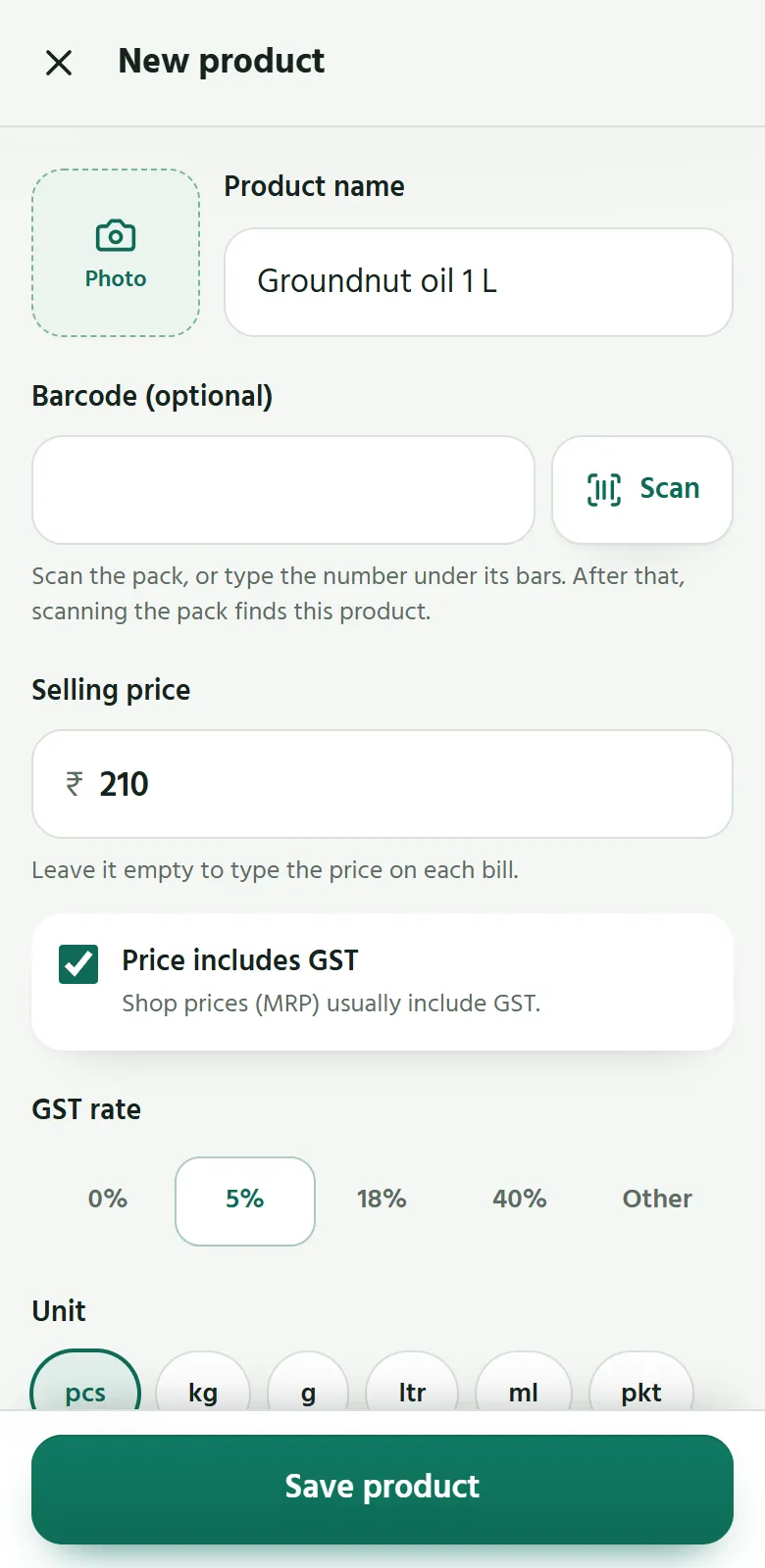 Sumify on a phone: a new product, with its barcode and its price